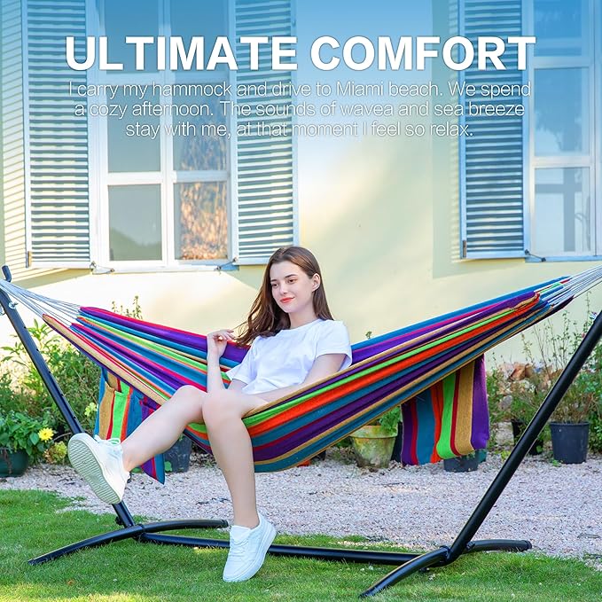 PNAEUT Double Hammocks with Stand for Outside Portable Space Saving Heavy-Duty Steel Stand for Indoor Outdoor Patio 450 lbs Capacity (Tropical)