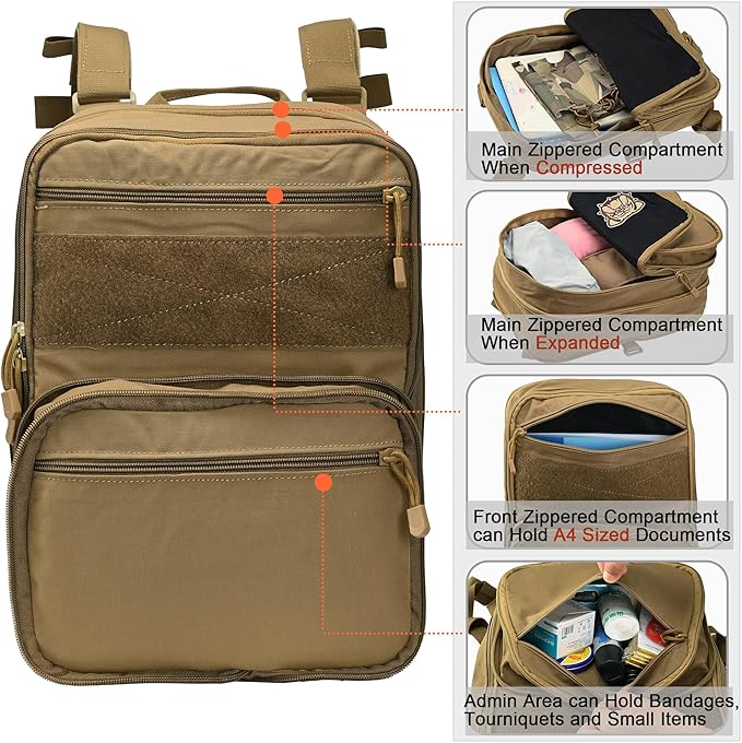 Tactical Expandable Flatpack Chest Rig Backpack MOLLE Assault Pack Hydration Pack for PC Vest (Coyote Brown)