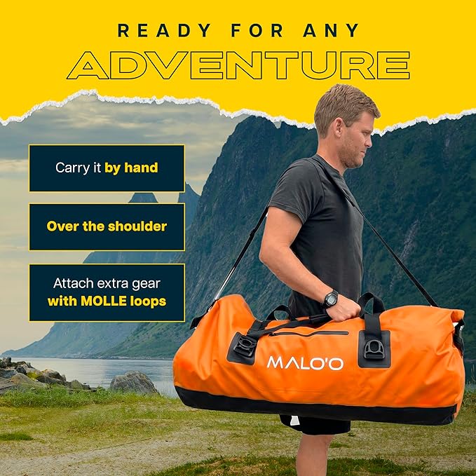 Malo’o Waterproof Dry Duffel Heavy-Duty Roll Top Waterproof Gear Bag with Shoulder Strap &amp Molle Loops Marine Duffel for Kayaking Boating Camping Beach &amp Travel Orange 100L