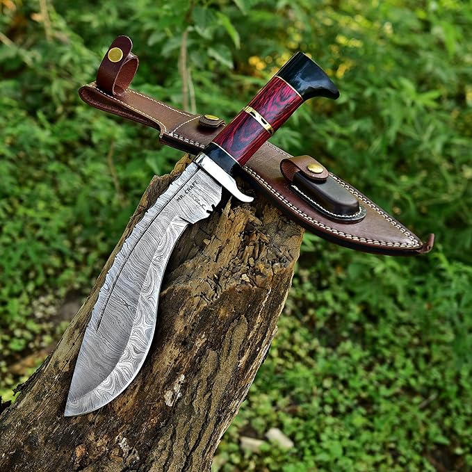 MR. CRAFT Custom Handmade Traditional Kukri Damascus Steel Fixed Blade Knife With Sheath Full Tang Heavy Duty Camping Knives - Gifts for Men (Red Wood &amp Black Horn)