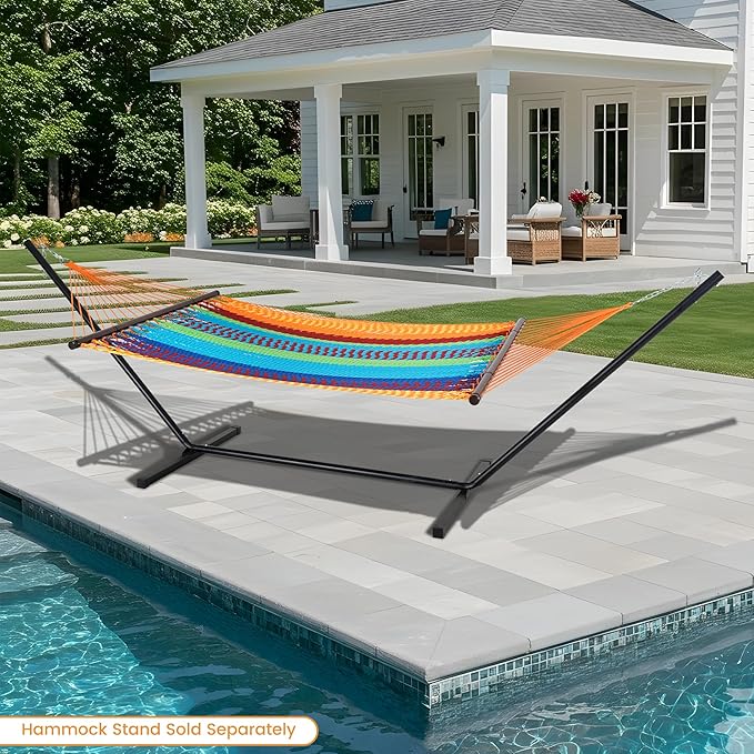 Lazy Daze Hammocks 10.5 FT Double 2 Person Caribbean Rope Hammock Hand Woven Polyester Hammock with Spreader Bars for Outside Outdoor Backyard Patio Poolside 450 LBS Capacity Multicolor