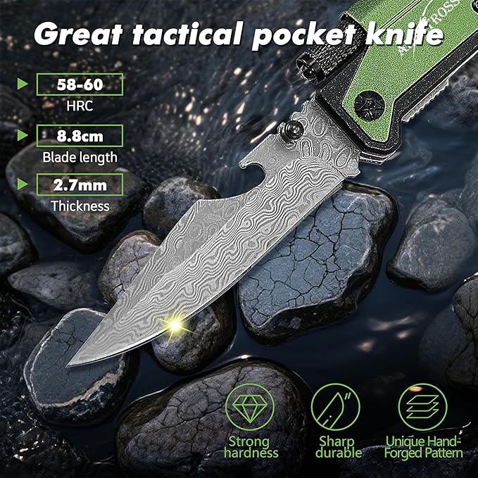 Father's Day Mother’s Day Birthday Gift for Him/Her: ALBATROSS 7-in-One Multi-Tool Pocket Knife for Men Women with LED Flashlight Fire Starter &amp Glass Breaker 3.5 Damascus Folding Survival Kn