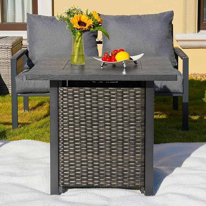 Sundale Outdoor 28 Inch Outdoor Fire Pit Table 50000 BTU Propane Fire Pits with Rain Cover Glass Stones and Lid Wicker Gas Fire Pit for Outside Patio and Garden CSA-Listed