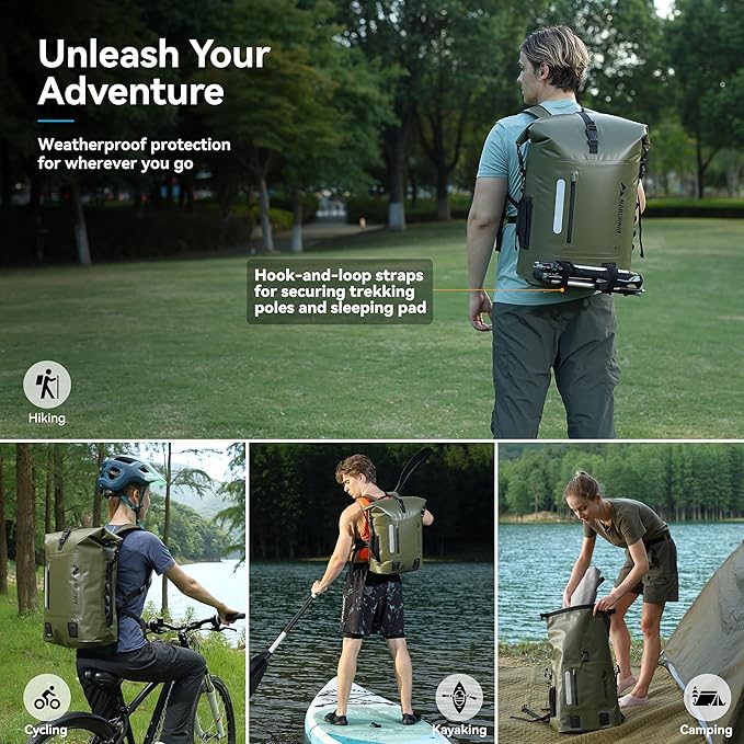 MARCHWAY Roll Top Waterproof Backpack Floating Dry Bag 20L/30L/45L with Ergonomic Rectangular Base Cushioned Back Hip Strap for Hiking Camping Kayaking Travel (Army Green 30L)