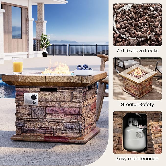 32 Outdoor Propane Fire Pit Square Stonecrest Gas Firepit for Outside Patio Concrete Propane Fire Table 50000 BTU Gas Fire Pits with Lava Rocks CSA Certified Blue Fire Glass