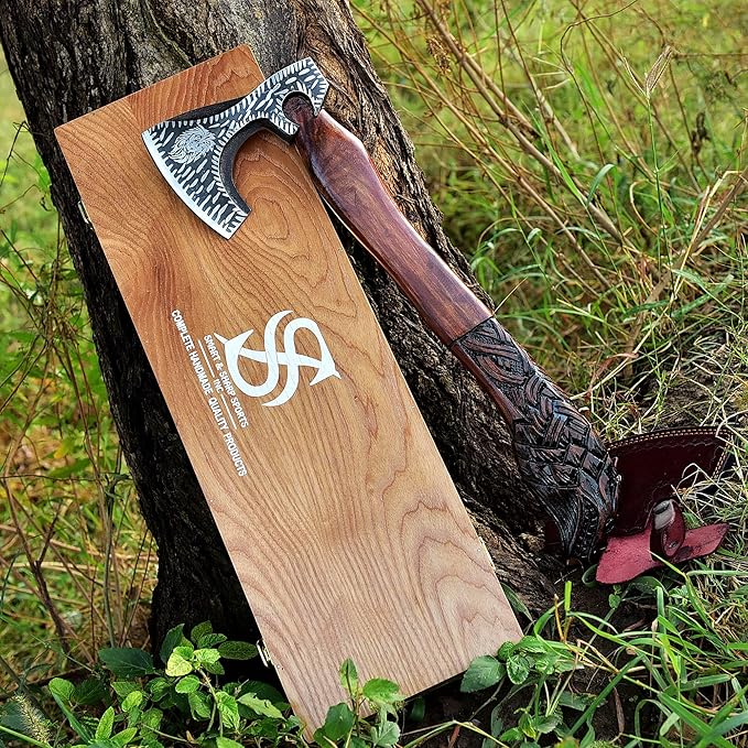 SS SMART &amp SHARP SPORTS INC Custom Handmade High Carbon Steel Viking Axe Real HatchetGift for hIm19 inches SS-17612 with Wooden Box