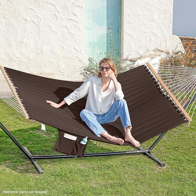 GAFETE Hammock 2 Person Quilted Fabric Hammocks for Outside Double 12ft Hammocks with Spreader Bar Large Removable Pillow Storage Bag Carabiners Max 475 lbs Capacity (Coffee)