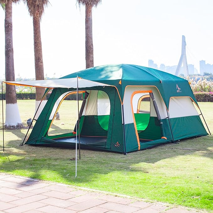 KTT Extra Large Tent 10-12-14 Person(B)Family Cabin Tents2 Rooms3 Doors and 3 Windows with MeshStraight WallWaterproofDouble LayerBig Tent for OutdoorPicnicCampingFamily Gathering