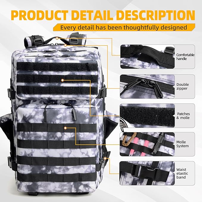 LUPU TACTICAL 45L Backpack for Men and Women 3 Days Assault Pack Outdoor Travel Hiking Camping Rucksack with Molle Webbing (Black and White)