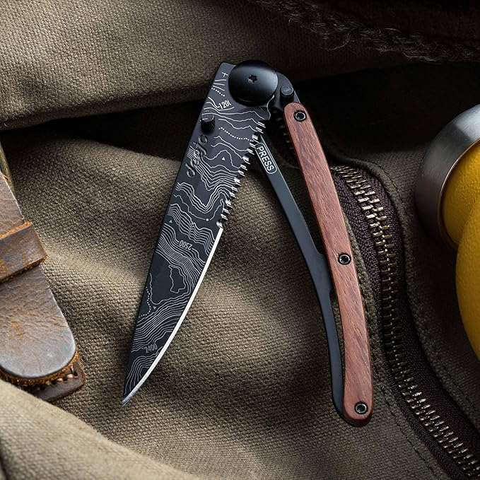 deejo - 37G Serrated Folding Pocket Knife with Belt Clip - Topography Design 3.7-Inch Stainless Steel Blade Black Titanium Finish Coral Handle - Lightweight EDC for Home Work and Outdoor Use