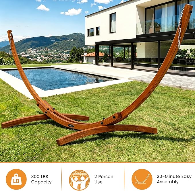 Lazy Daze Hammocks 10.5 FT Outdoor Arc Wood Hammock Stand 2 Person Hard Pine Wood Hammock Stand with Carabiners and Chains for Outdoor Patio Garden Poolside 300lb Capacity Brown