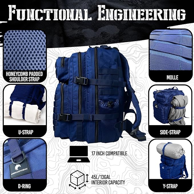 AMERICANPHOENIX 45L Elite Tactical Backpack | 3X Stronger Work &amp Military Backpack | Water Resistant and Heavy Duty | 3 Day MOLLE Bug Out Bag (Atlantic Blue)