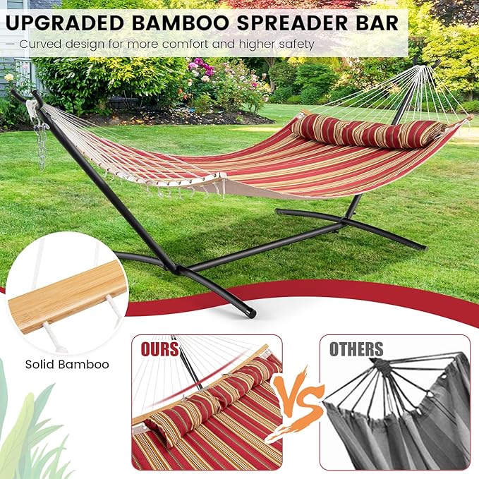 Tangkula 11FT Double Hammock Heavy Duty Outdoor Hammock with Curved Spreader Bars Detachable Pillow 2 Person Hammocks for Outside Porch Patio (Red)