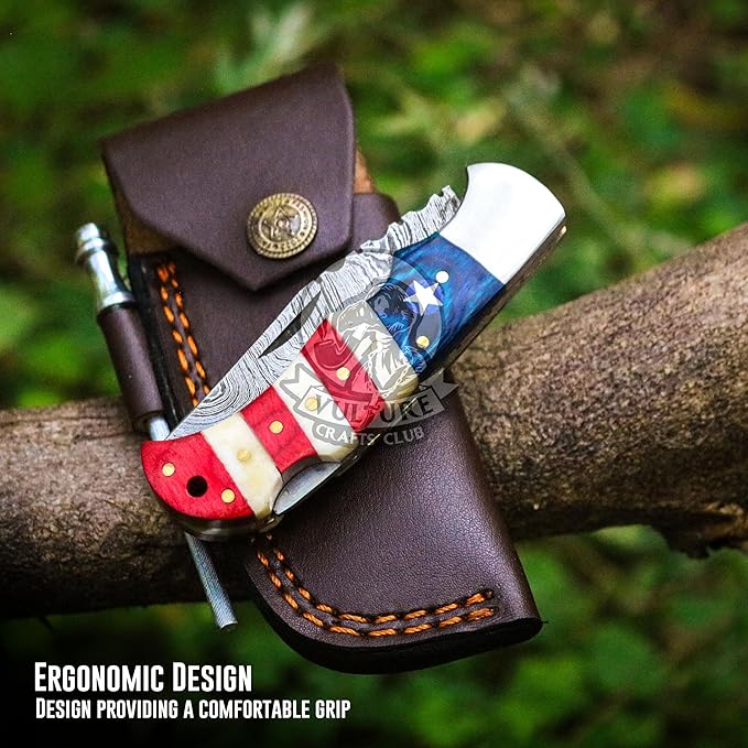 Damascus Steel Pocket Knife with Clip and Leather Sheath - EDC Knife for Outdoor and Camping Activities Handmade Folding Knife Free knife Sharpner (American Flag handle) (American Flag Handle)