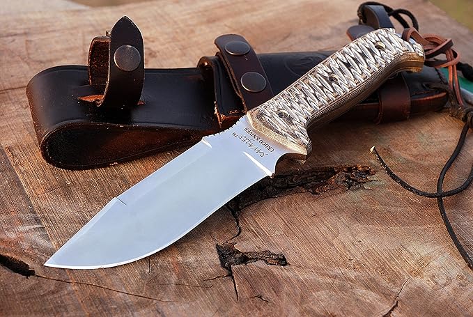 The Ravager D2 Tool Steel Blade Full Tang Fixed Blade BushcraftHunting Survival Knife with Genuine Cow Hide Genuine Leather Sheath &amp Fire starter &amp Sharpening spike