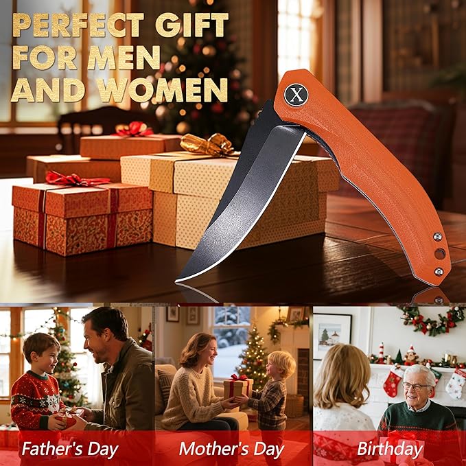XIPHIAS Father's Day Mother's Day &amp Holiday Gifts for Him &amp Her - Orange Pocket Knife for Men Women | Premium Folding EDC Knife with D2 Blade G10 Handle One-Hand Open Gift Set