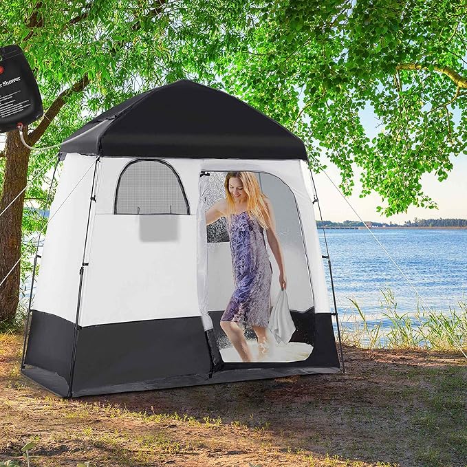 Camping Shower Tent - Instant Setup 2 Room Privacy Shelter w/20L Shower Bag 2000mm Waterproof Enclosure &amp Detachable Floor Portable Bathroom Tent for Beach/Camping/RV