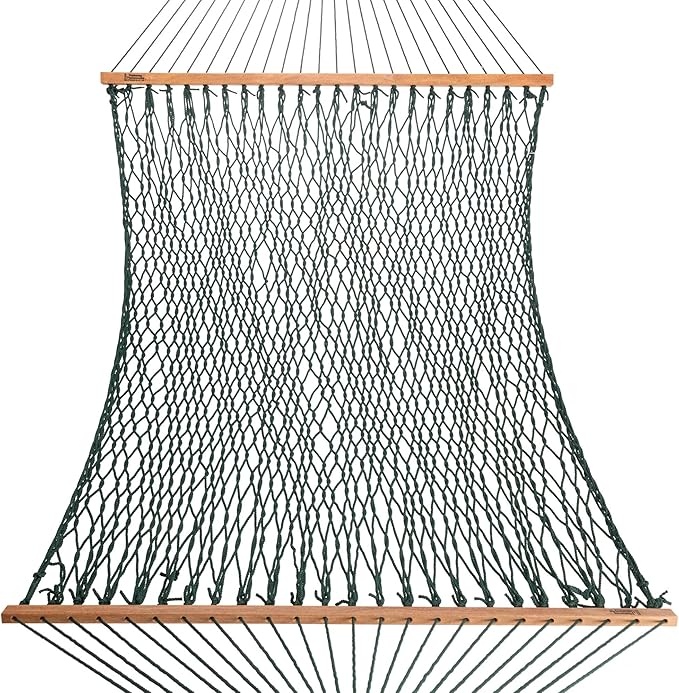 Hatteras Hammocks Executive Green DuraCord Rope Hammock – 13 ft. x 65 in. 2-Person 450 lb Capacity Cumaru Spreader Bar Zinc-Plated Hardware – Handcrafted in The USA