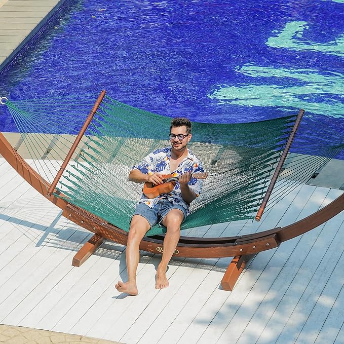Lazy Daze Hammocks 10.5 FT Double 2 Person Caribbean Rope Hammock Hand Woven Polyester Hammock with Spreader Bars for Outside Outdoor Backyard Patio Poolside 450 LBS Capacity Green