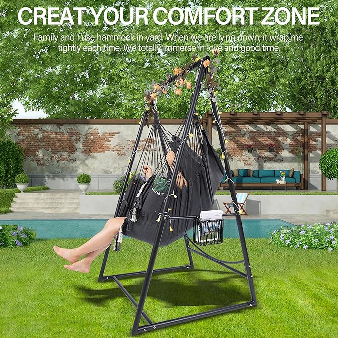 Hammock Chair Hanging Rope Swing &amp Stand Set with Two Holders Heavy Duty Hanging Stand with Three Hooks Multi-Use for Indoor Outdoor Patio Yard Garden(Black &amp Black)
