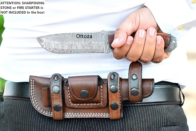 Ottoza Fixed Blade Hunting Knife with Leather Sheath and Horizontal Carry - Wood Handle - Full Tang Outdoor Survival and Camping Knife for Men 433