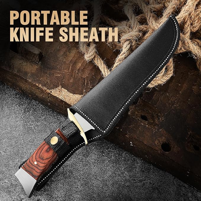Fixed Blade Survival Knife - 9Cr18 Stainless Steel Hunting Knife - 12 Heavy Duty Bushcraft Knife with Premium Wood Handle - Gift for Men for Camping Hiking &amp Fishing
