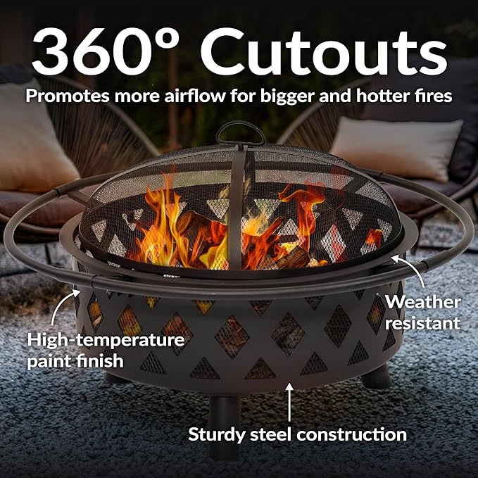 Sunnydaze Crossweave Outdoor Fire Pit - Wood-Burning Fire Pit for Outside with Spark Screen Poker and Round Cover - 30-Inch - Black