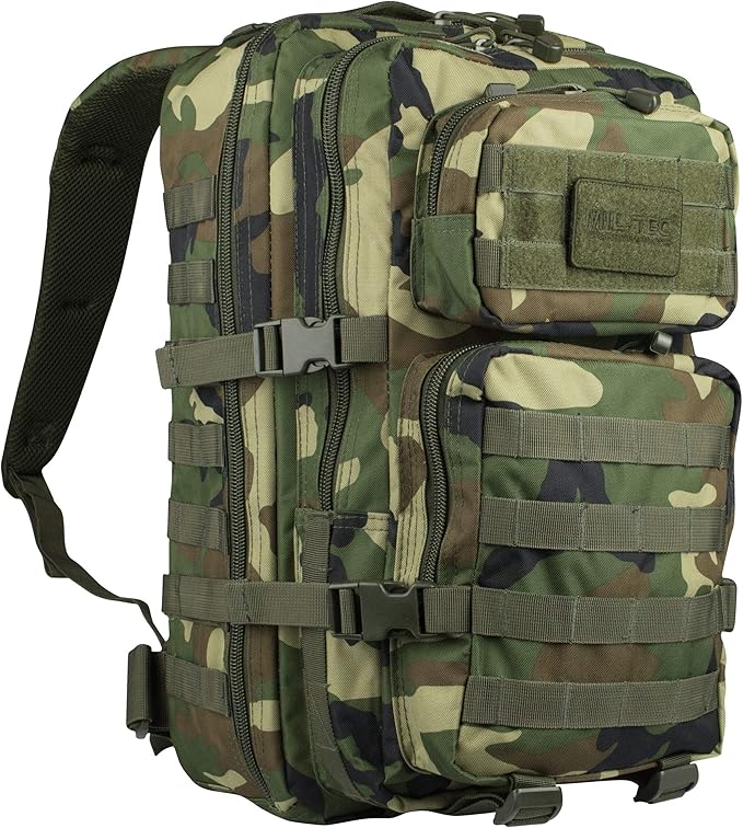 Mil-Tec Unisex Assault Pack - Rugged Durable Lightweight Ergonomic Versatile Tactical Outdoor Camping Hiking Backpack with Adjustable Padded Shoulder Straps &amp MOLLE Loops Woodland Camo 20L