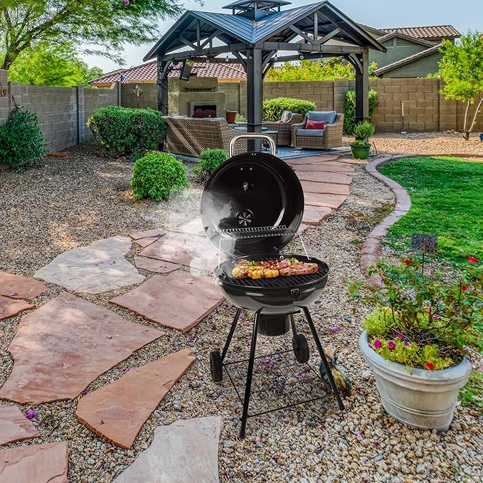 Grill Boss Charcoal Kettle Grill with Large 22-Inch Cooking Area - Includes Warming Rack Bottom Storage Shelf Ash Catcher &amp Wheels for Outdoor BBQ Tailgating Camping &amp Backyard Grilling