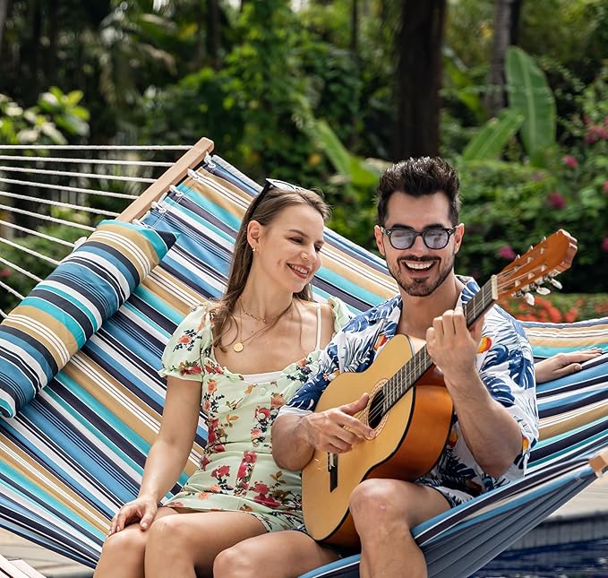 Lazy Daze Hammocks 2 Person Portable Hammock with 12FT Stand for Outside Quilted Double Hammock with Spreader Bar and Detachable Pillow 450lbs Capacity Perfect for Outdoor Patio Beach Stripes