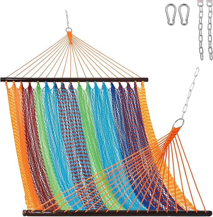 Lazy Daze Hammocks 10.5 FT Double 2 Person Caribbean Rope Hammock Hand Woven Polyester Hammock with Spreader Bars for Outside Outdoor Backyard Patio Poolside 450 LBS Capacity Multicolor