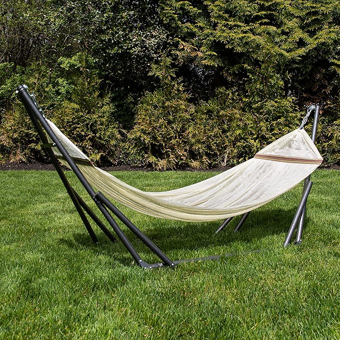 Best Home Fashion Hammock with Collapsible Steel Stand 450 lbs Capacity &amp Carrying Case Portable &amp Adjustable Perfect for Camping Beach Summer Patio EZ Daze Foldable Hammock with Stand- Ivo