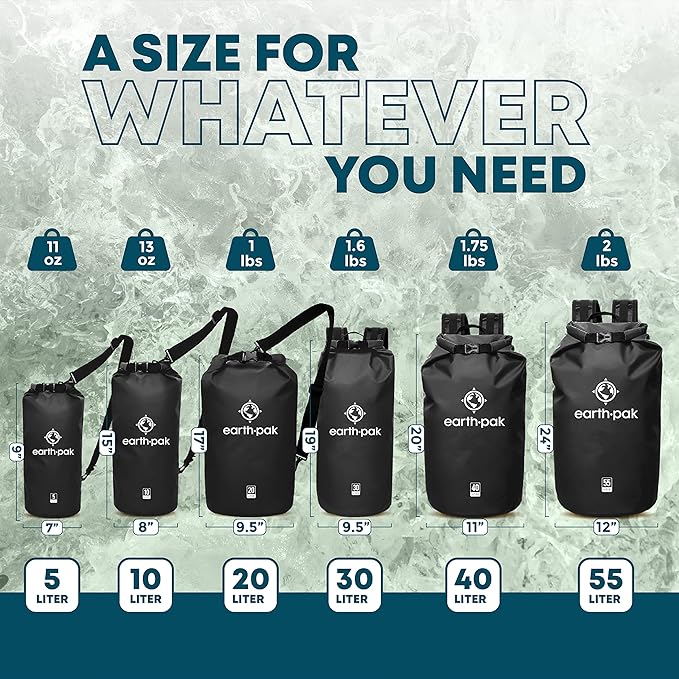 Earth Pak Waterproof Dry Bag - Roll Top Waterproof Backpack Sack (Black 30L &amp 10L)