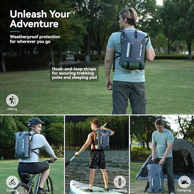 MARCHWAY Roll Top Waterproof Backpack Floating Dry Bag 20L/30L/45L with Ergonomic Rectangular Base Cushioned Back Hip Strap for Hiking Camping Kayaking Travel (Grey 30L)