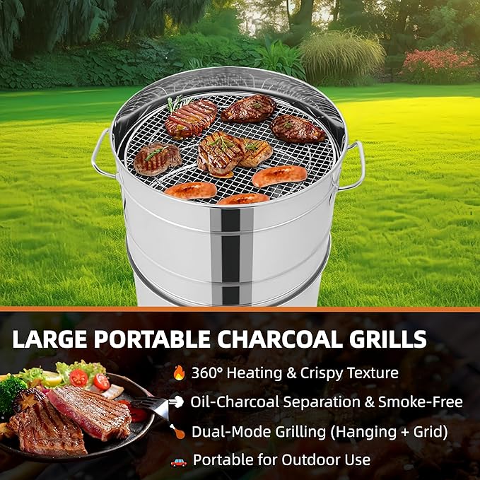 2-in-1 Vertical Smoker Barrel Grill Portable Charcoal BBQ 360° Smokeless Stainless Steel BBQ Grill Barrel for Outdoor Barbecue Camping And Backyard Cooking (Large-50 Skewers)