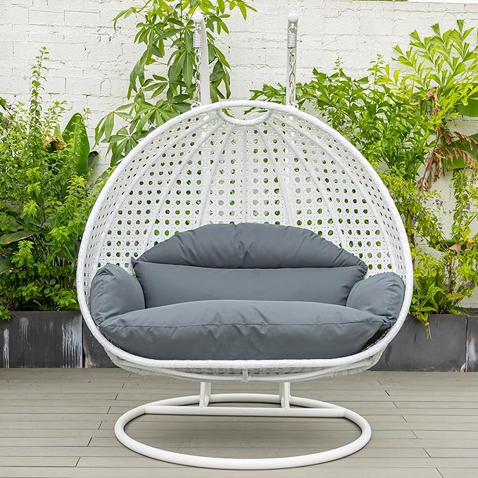 LeisureMod 2 Person Hanging Egg Chair Indoor Outdoor Patio Lounge Swing with White Stand &amp UV-Resistant Cushions Hammock Chair for Bedroom &amp Garden Dark Grey