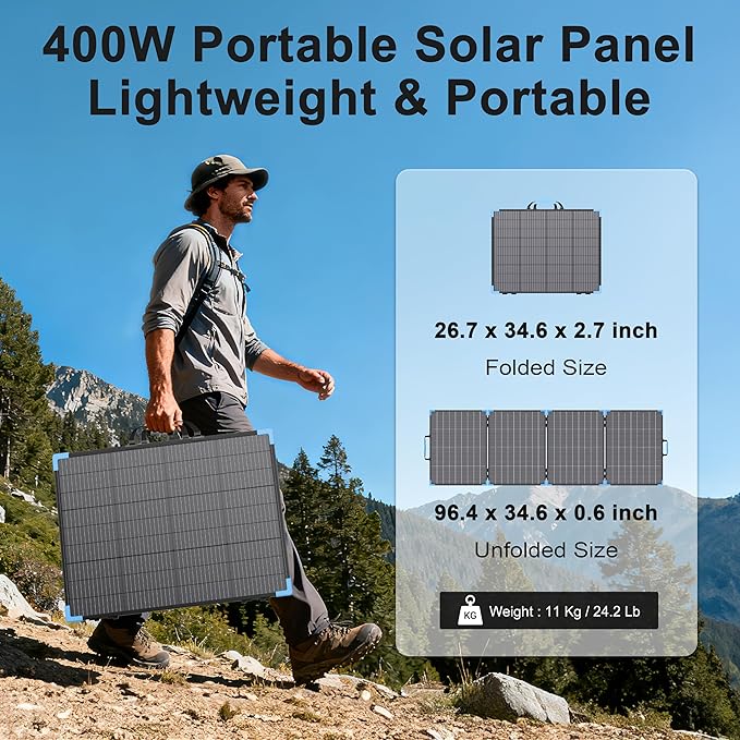 400W Bifacial Portable Solar Panel for Power Station 23.5% High Efficiency ETFE Foldable Solar Charger for Camping EssentialsIP68 Waterproof 3 Reinforced Kickstands for RV Off-Grid Blackouts