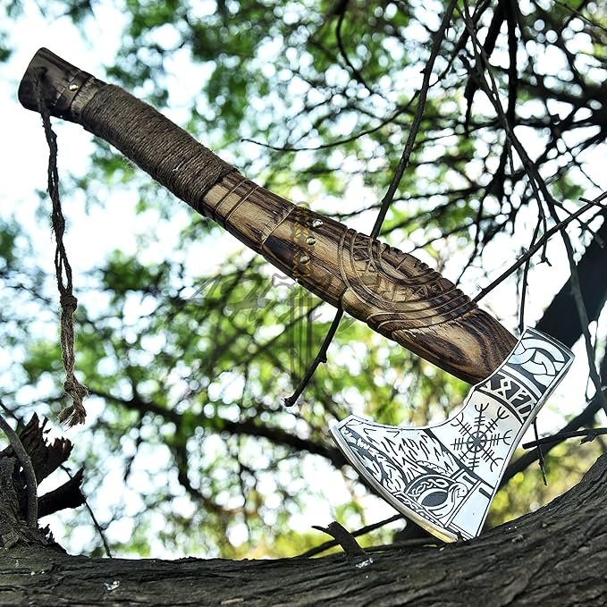 Hand-Forged Viking Axe – Authentic Norse Battle Axe with Custom Engraved Carbon Steel Blade &amp Carved Wooden Handle – Perfect for Throwing Camping Hunting &amp Gifts AH-001-AX