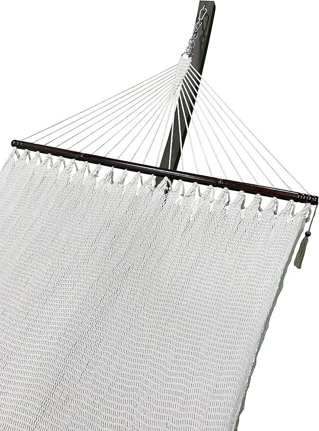 15 Ft. Indoor/Outdoor Heavy Duty Black Steel Arc Hammock Stand + Deluxe Hand Woven 2 Person Beige Bohemian Chic Rope Hammock Bed. 450Lb Capacity.