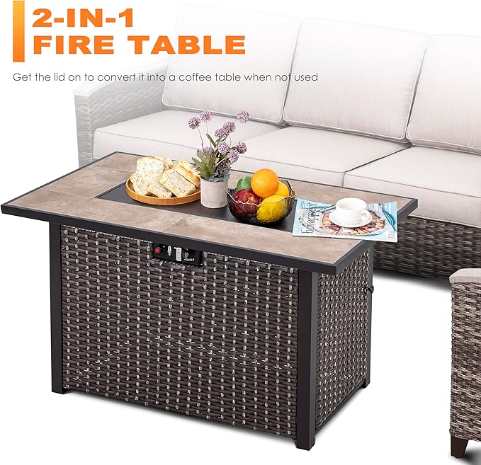 Nuu Garden Propane Fire Pit Table CSA Certified 43 Inch 50000 BTU Outdoor Gas Fire Pit Table with Ceramic Tabletop 7 lbs Glass Stone and Oxford Cover Dark Brown and Coffee
