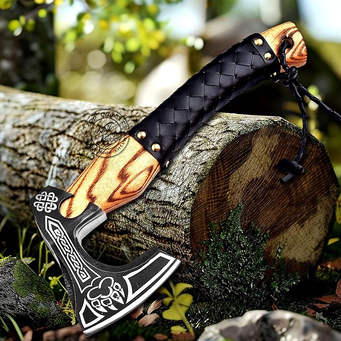 Hand-Forged Engraved Viking Axe Outdoor Camping Hunting Norse Hatchet Axe with Leather-Wrapped Handle &amp Sheath Great for Birthdays Gift Holidays Christmas or Weddings Gift (AXE-04)