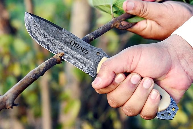 Ottoza Fixed Blade Hunting Knife with Leather Sheath and Horizontal Carry - Bone Handle - Full Tang Outdoor Survival and Camping Knife for Men 315