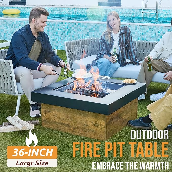 WILDMOS 36 Firepits for OutsideWood Burning Fire Pit with Wood-Grain Side PanelsFirepit for Outside with Mesh Cover &amp Fire PokerSquare Modern Outdoor Fireplace Fire Table.