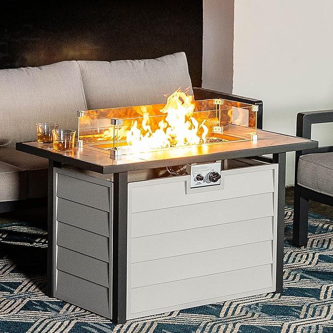 Nuu Garden 43'' Patio Propane Fire Pit Table 50000 BTU Gas Fire Pit with Marble-Textured Glass Top Wind Guard Lid Glass Beads CSA-Certified 2-in-1 Outdoor Table for Gatherings Ivory White