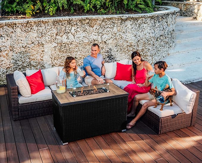 Nestl 43 Inch Fire Pit for Outdoor - 50000 BTU Outdoor Propane Fire Pit Table with Lid Rain Cover &amp Lava Rocks - Patio Fire Pit Table with Tempered Glass for Backyard Gatherings - Black