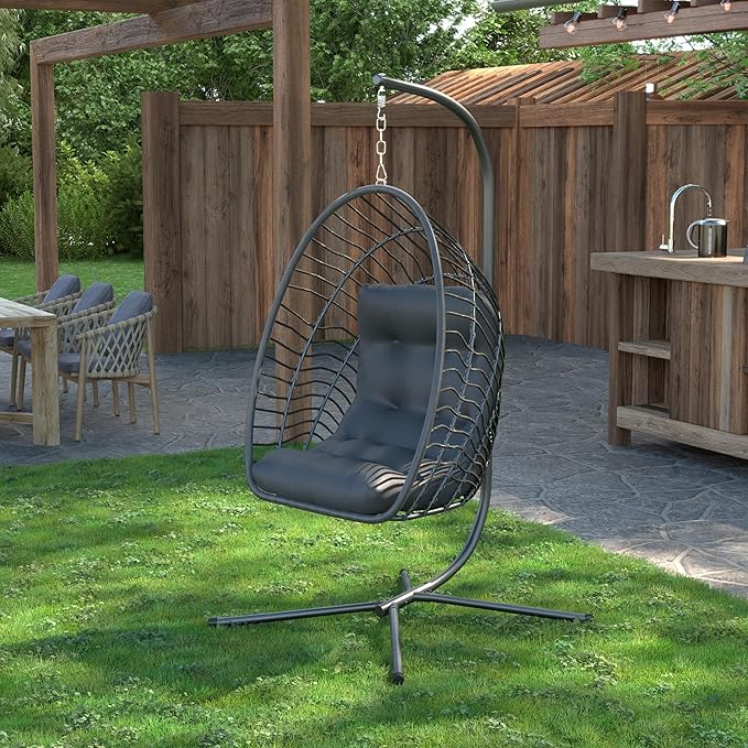 Kingdura Hanging Egg Chair with Stand Indoor Outdoor Foldable Rattan Wicker Hammock Egg Swing Chair for Bedroom Porch Patio Garden Thickened Cushion 350LBS Capacity Heavy Duty Frame
