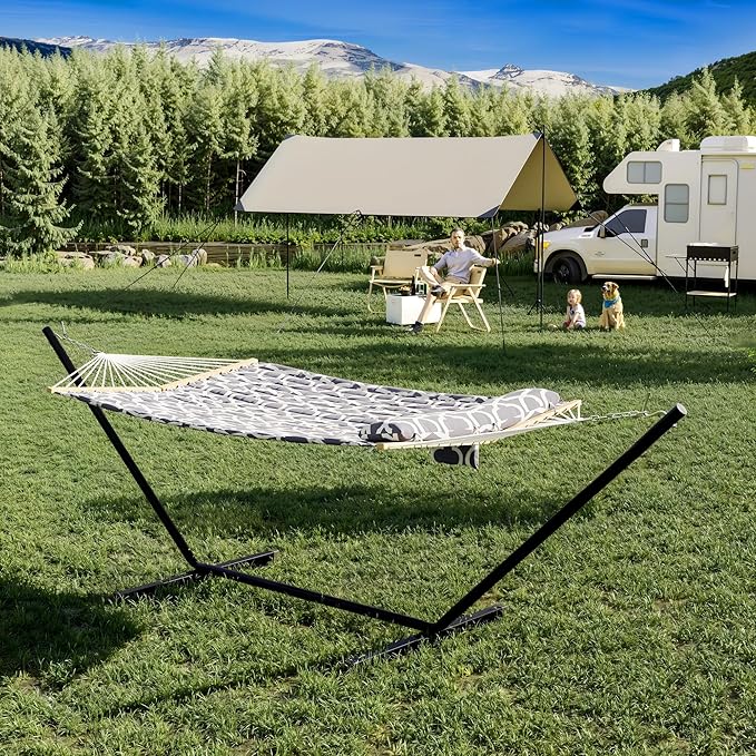 Two Person Hammock with Stand for Outside Heavy Duty Outdoor &amp Indoor Steel Frame Hammock with V-Shaped Wood Spreaders &amp Quilted Polyester Pad - 480lbsLight Grey Pattern Color