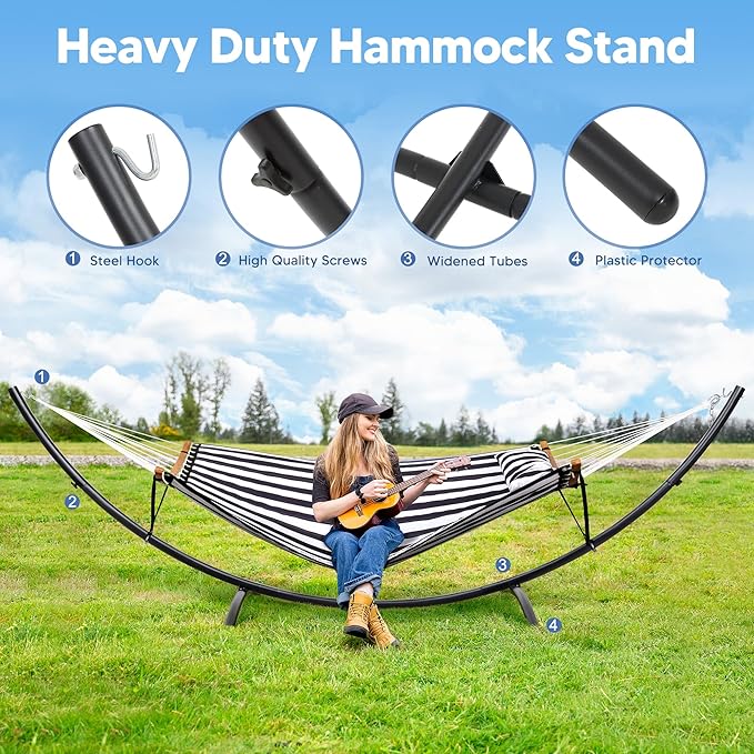 SUNCREAT Hammocks for Outside with Stand Porch Hammock and Stand 475 lbs Capacity Patent Pending Black &amp White