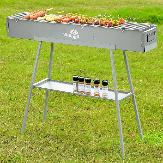 WILLBBQ Charcoal Grills Commercial Quality Portable Hibachi BBQ Lamb Skewer Detachable‌ Camping Barbecue Grill for Backyard Outdoor Cooking Use(39.4x7.1x5.1 inch)