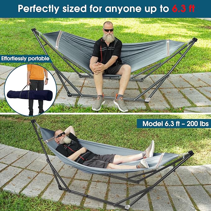 Tranquillo Adjustable Hammock Stand 600 lbs Capacity Collapsible Camping Hammock and Stand Double Hammock with Stand for 2 Persons Quick &amp Easy Assembly Garden Yard Patio Lawn Grey